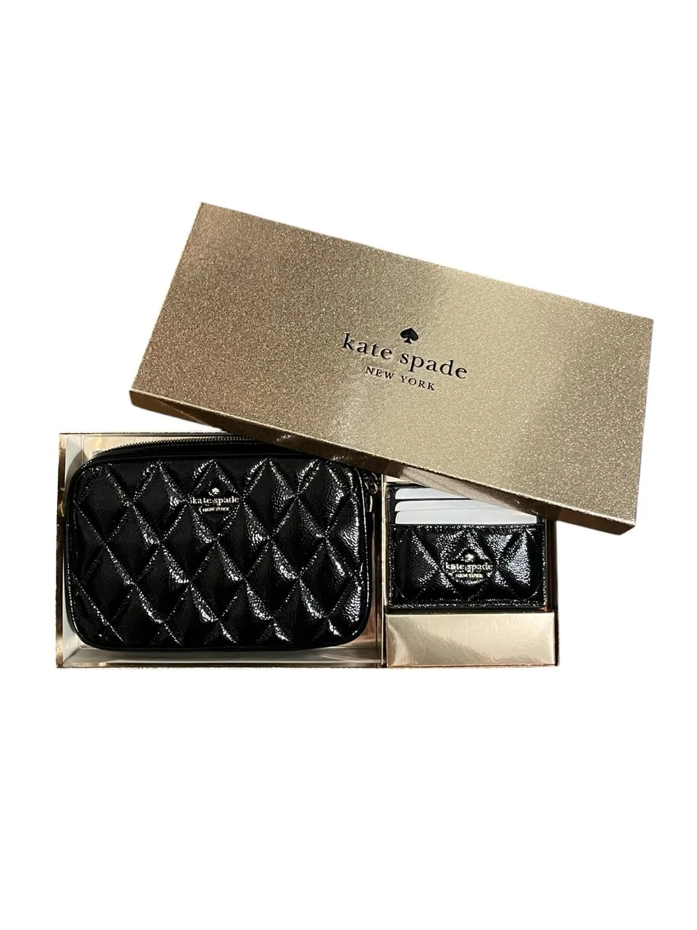 Kate Spade Black Quilted Crinkle Patent Leather Crossbody and Card Holder Set